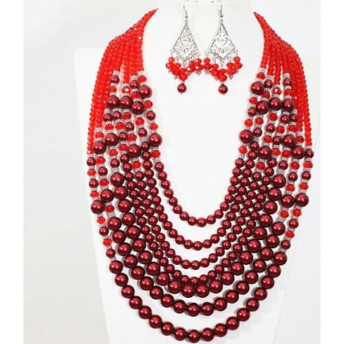 Special design high quality statement necklace earrings 7 rows red shell simulated-pearl crystal fashion women jewelry set B1299