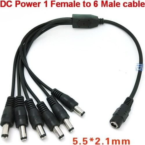 High quality 100pcs DC Power 5.5x2.1mm 1 Female to 6 Male Plug Cable Splitter Adapter for Security CCTV Camera Free shipping