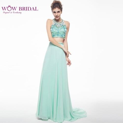 Wowbridal Sexy Two Piece Prom Dress 2021 Halter Crystal Sheer O-Neck Open Back Beaded Sash Chiffon Long A-Line Ruffles Dress