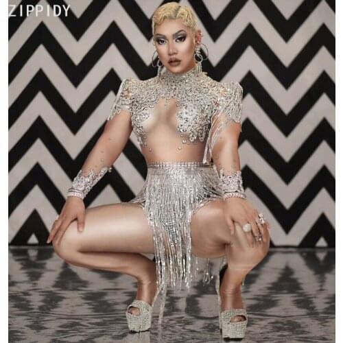 Bright Silver Sequins Fringe Stones Bodysuit Women Dance Show Wear Spandex High-neck Outfit Prom Birthday Wear