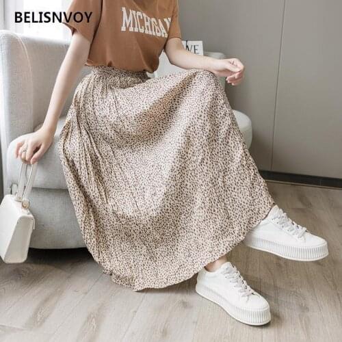 New Summer Fashion Folds Over The Knee Beach Skirt Sweet Retro Midi-length Floral Printed Vintage Skirt For Womens Pleated Skirt