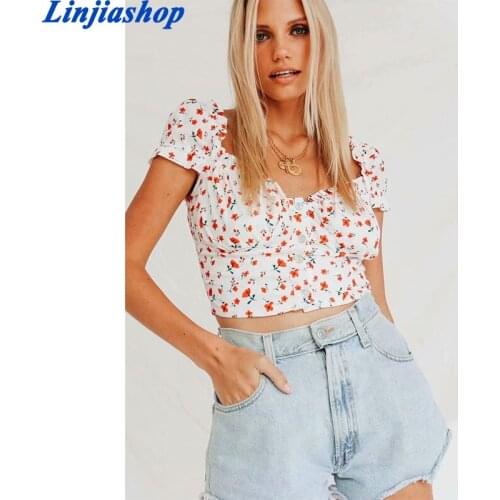 Summer women floral print beach botton crop tops bohemian short camis female vestidos