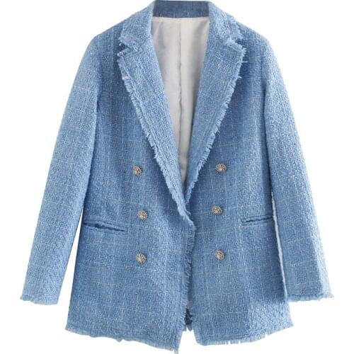 ZA Womens 2021 fashion office wear double-breasted tweed blazer retro long sleeve edging womens blue coat chic jacket