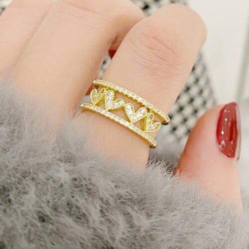 14K Real Gold Double Layers Shine Love Heart Ring for Women Elegant Micro Inlaid Cubic Zircon Charm Bague Anillos Pendant Gift