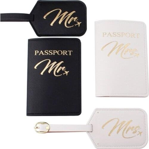 1Set PU Leather Luggage Bag Tag Mr./Mrs. Passport Case Cover for Couples Honeymoon Travel Organizer