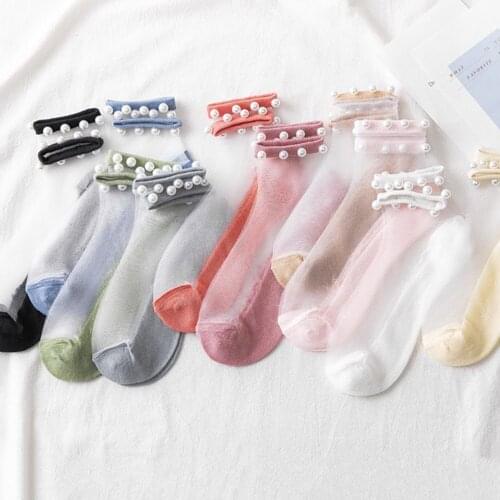 1Pair Summer Mesh Thin Pearl Transparent Women Socks Breathable Soft Cute Elegant Ladies Cotton Short Ankle Socks