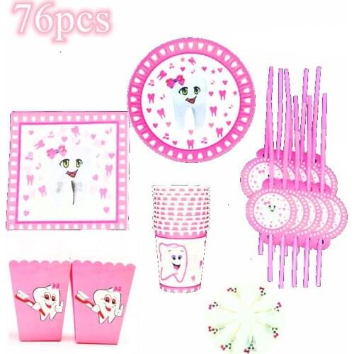 76pcs Pink Teeth Disposable Tableware First Tooth Disposable Plates Cups Napkins Tablecloths Banners Girls Party Tableware