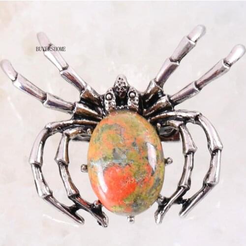 Spider Brooch Natural Stone Unakite Epidote CAB Cabochon Bead Pendant For Men Women Jewelry Gift 1Pcs K707