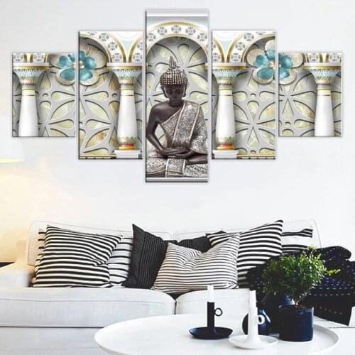 Home Decoration Canvas 5 Panel Prints Painting Buddhism Poster Wall Artwork Buddha For Bedside Background Modular Pictures Frame