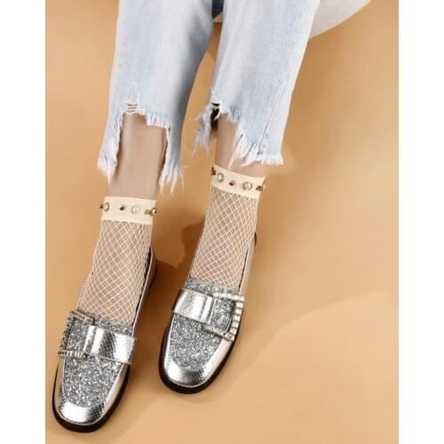 Donna-in Silver Luxury Leather Square Toe Loafers Stylish Fashion Bling Glitter Crytal Buckle Women Shoes for Girls Blue Flats