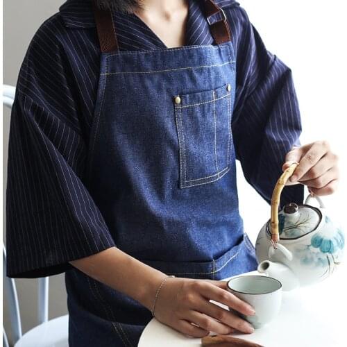 Japan Style Apron Adjustable Kitchen Baking Household Cleaning Accessories Durable Homewear Denim Pockets Aprons for Woman Men