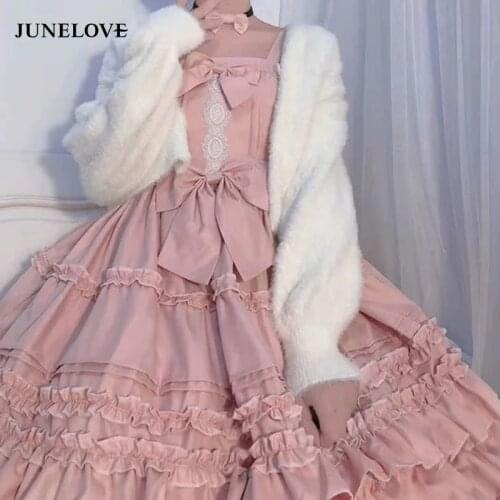 JuneLove Sweet Kawaii Lolita Berlin Girl Lolita Cute Vintage Jsk Sleeveless Bow Lace Princess Tea Party Dresses Party Vestidos