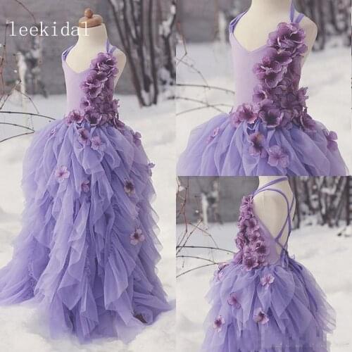 Lanvender Purple Spaghetti Straps Flower Girls Dress Handmade Flowers Tiered Ruffle Girls Photography Princess Dress Custom
