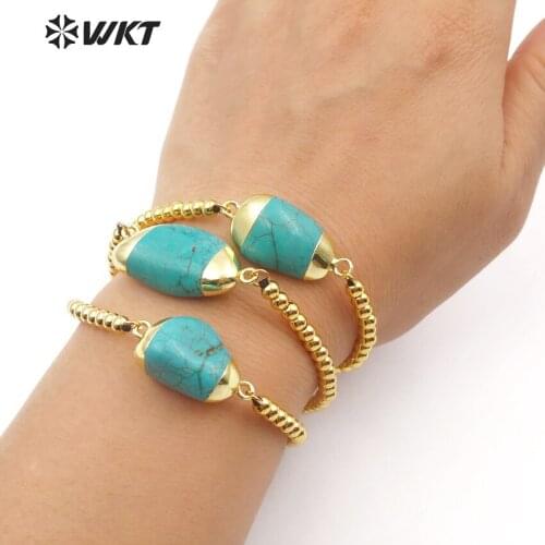 WT-B436 WKT Fashion adjustable women bracelet howlite stone connector in free shape 3mm brass beads chain with gold color plated