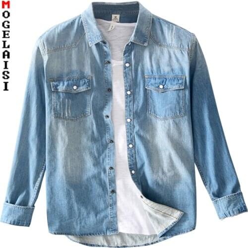 Men Denim shirt New spring 100% cotton high Street style tops man fashion clothing pocket Long sleeve Denim shirts 3XL 5039