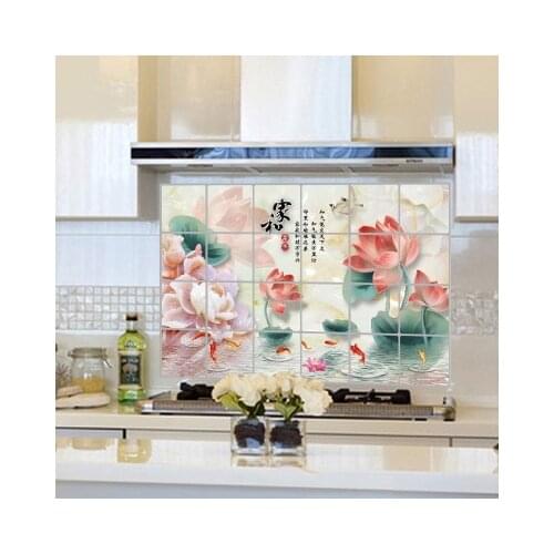 Kitchen Wall Stickers Lotus Oil-proof Environmental Protection Removable Wallpaper Poster Plant House Decoration Wall Art