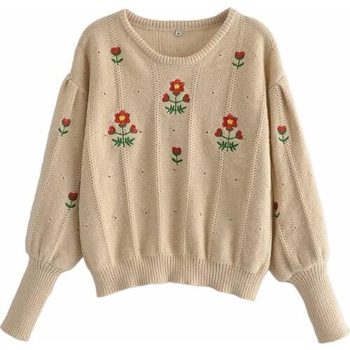 XIKOM 2021 Autumn Women Cream Color O Neck SCasual Lantern Sleeve Pullover Knitted Female Vintage Loose Lady Knitted Sweater