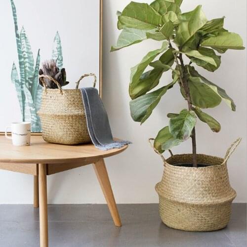 Woven Belly Storage Basket, Seagrass Planter with Handle, Plant Flower Pots