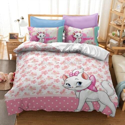 Cartoon Pink Printing Marie cat Children kid Bedding Sets 100% Polyester Disney Duvet Cover Pillowcase Queen King size bed set