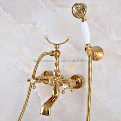 Bathtub Faucet Golden Wall Mounted Rain Shower Faucet Round Handheld 2 Handle Luxury Bathroom Mixer Tap Set Nna915