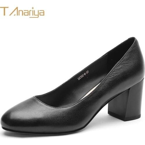 Tanariya Leather Brogues With Midsole Work Shoes Ladies High Heels Women Pumps Genuine Leather Shoes Heels Black Heels
