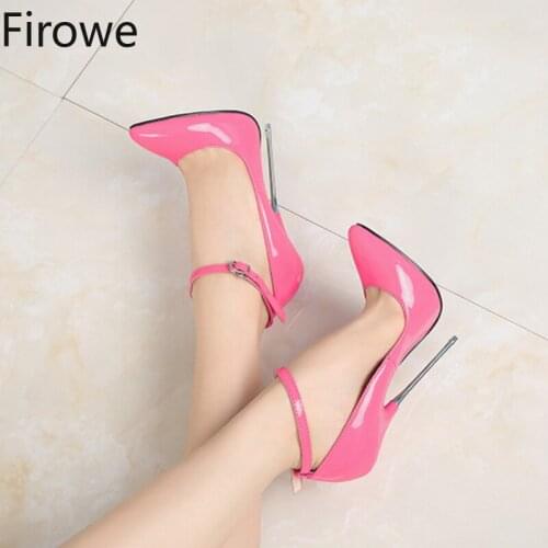 Firowe Women Patent Leather Ankle Buckle Stiletto Super High Heel Pump Pole Dance Shoes zapatos de mujer black shoes 16CM