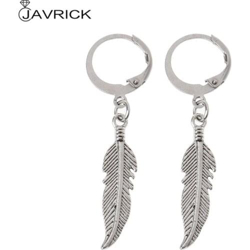 Vintage Leaf Titanium Steel Feather Pendant Hoop Earrings Korean Jewelry Unisex