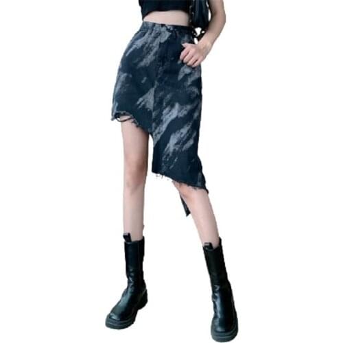ERHAPS U Women High Street Causal Denim Tassel Asymmetrical Irregular High Waist Tie Dye Print Pencil Knee Length Skirt S3009