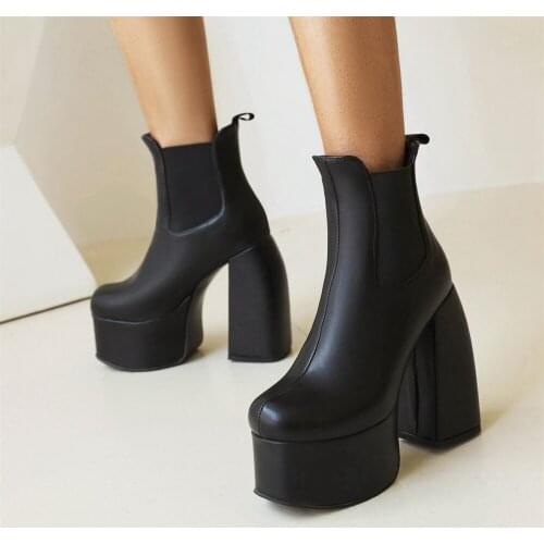 Dropship Female Chelsea Boots Square Heel Elastic Band Black Super High Heel Ankle Boots Platform Sexy Elegant Woman Shoes Boots
