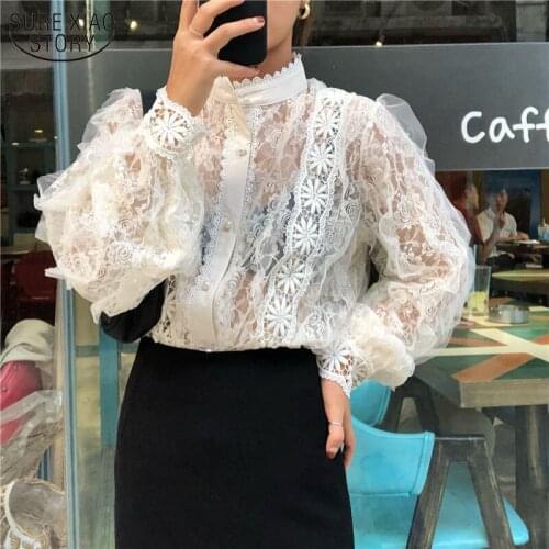 Korean Retro Lace Stand Collar Lace Stitching Womens Shirts Pearl Buckle Loose Long Sleeve Tops See-through Blouse Blusas 13339