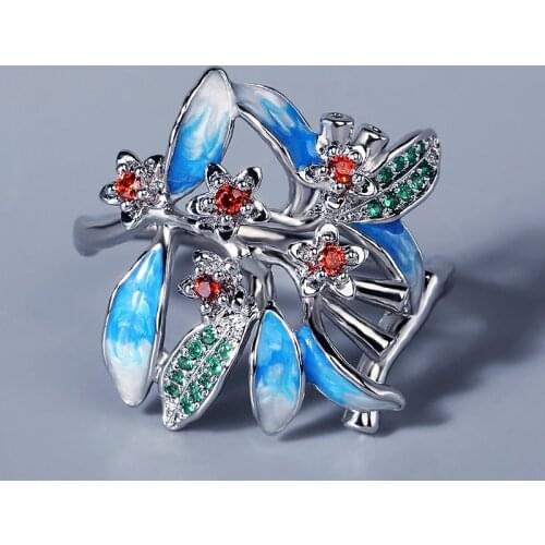 Exquisite Cubic Zirconia Jewelry Ladies 925 Sterling Elegant Flower Plant Shape Ring for Women Handmade Enamel Jewelry