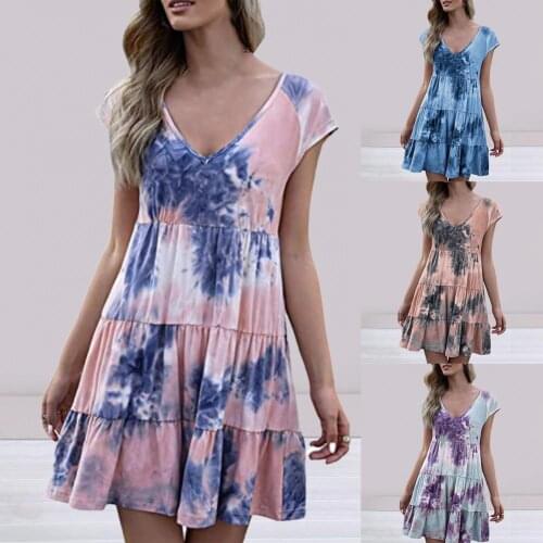 Women Mini Dress V Neck Tie Dye Print Short Sleeve Party Beach Bodycon Korean Dress Elegant Vintage Dress Streetwear for Party