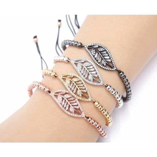 Gold silver micro pave cz Zircon Cubic Zirconia bracelet rope adjusted Macrame hf2 Copper Beads leaf Charm Braided Bangles