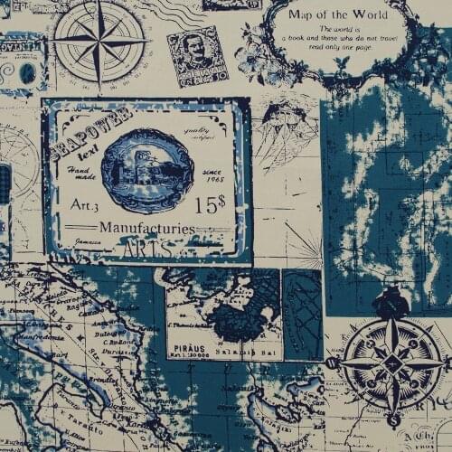 1 yard Cotton Canvas Fabric for sewing, pathwork, bag, curtain, hadmaking - Retro Map and Stamp (width=145cm)