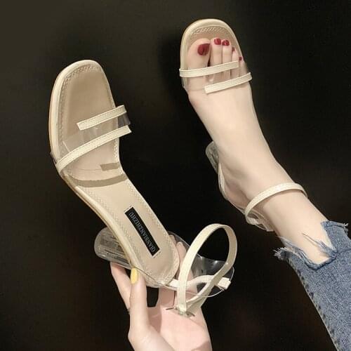 2021 Summer New Sandals Women Fashion All-match Transparent Crystal thick Heel 7cm Sexy Party Blue High Heels Shoes For Women