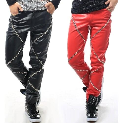 27-37 ! Korean Tide Men Male Singer Dj Bar Atmosphere Presided Ds Stage Costumes Rivets Slim Leather Pants Costumes Trousers