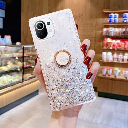 360 Finger Ring Glitter Case For Xiaomi Mi 11 Note 10 10T 9 9T 8 SE A3 A2 A1 Lite POCO X3 Coque Silver Foil Silicone Cover