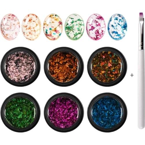 MEET ACROSS 6 Boxes Natural Dried Flower Gel Set Soak Off Nail Art Gel Varnish Flowers Gel Nail Polish DIY Design Manicure Kits