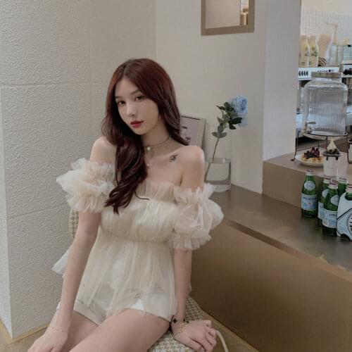 Blouse Women Shirt 2021 Summer off-Shoulder Puff Sleeve Mesh Stitching Short Sleeve Women Blusas Mujer De Moda