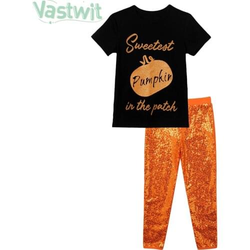 Kid Boy Girl Clothes Summer Outfits Cotton Clothing Casual Suit Children Short Sleeve Pumpkin T-Shirt Sequins Pants Set 3 4 6 8Y