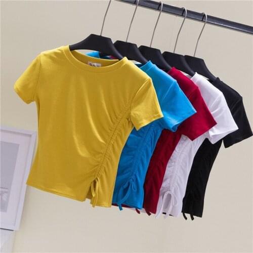 6 Color Cotton T Shirt Women Summer Sexy T Shirt Round Neck Short Sleeve Folds Cropped Tops Ladies Shirt Fashion Women Tshirt