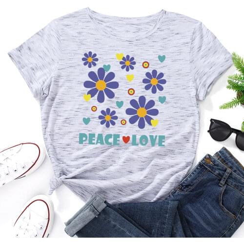Graphic T Shirts for Women Cotton Short Sleeve Tee Female Shirt Tops Summer Casual Print Clothes Gifts Peace Love Flowers Heart