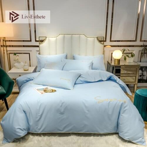 Liv-Esthete Luxury 100% Cotton Light Blue Bedding Set Soft Brief Duvet Cover Set Bed Linen Set Pillowcase Queen King For Adult