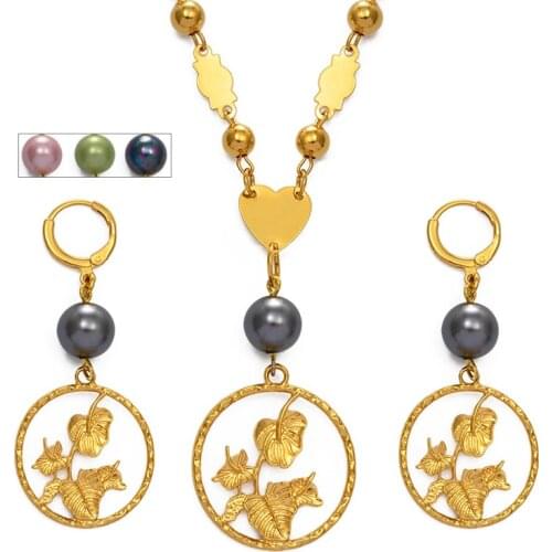 Anniyo Hawaiian Plant Flowers Jewelry Sets Pearl Pendant Bead Neckalces Guam New Zealand Plantain Wedding Party Gift #245506