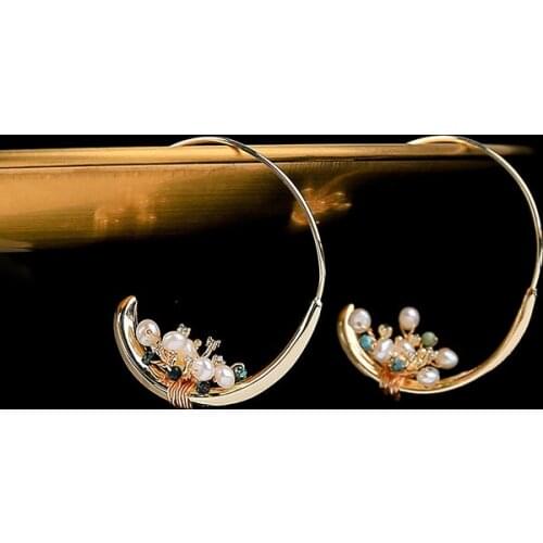 New Arrival Bohemia Womans Hoop Earrings with White Freshwater Pearls Earrings Natural Stones for Woman Best Gift Size 42*35mm