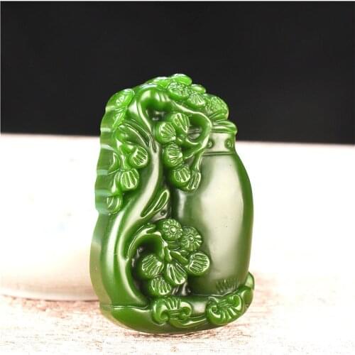 Plum Blossom Vase Green Jade Pendant Necklace Hand-Carved Natural Charm Jewellery Amulet Fashion Accessories for Men Women Gifts