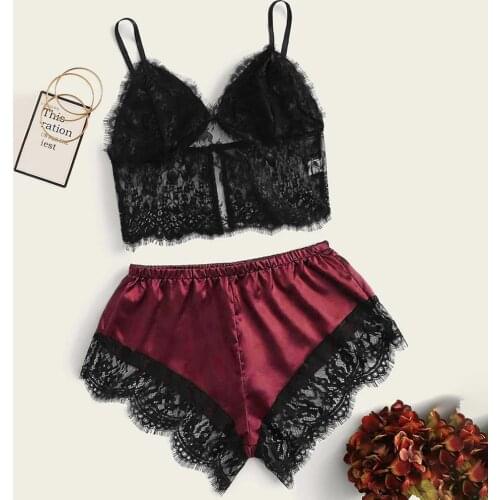 Ladies Sexy Pajamas Lace pajamas Temptation Perspective Lingerie Two-piece Underwear Pants Lace nightgown women