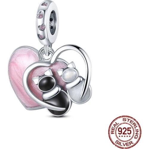 925 Sterling Silver Beads CZ Pink Heart Couple Cats Charm Fit Original Bracelet DIY Jewelry Silver Accessories Fine Jewelry