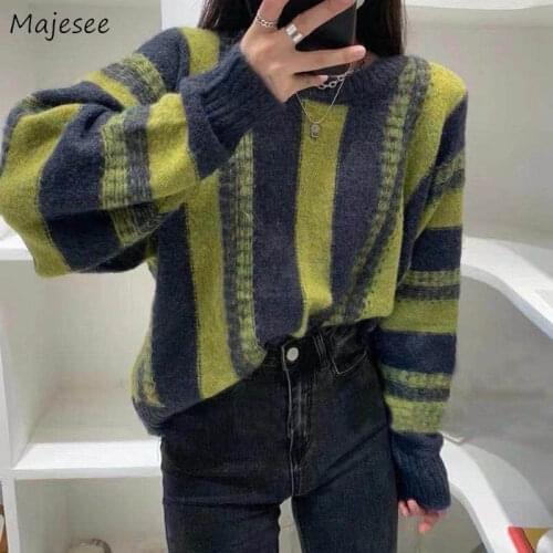 Pullovers Women Autumn Striped O-neck Vintage Retro Soft Knitting Casual Warm Sweaters Lazy Students Japanese Style Female Chic