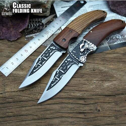 LCM66 Tactical Folding Pocket Knife Steel Blade Wood Handle 3D blade pattern Huntting Fishing fruit knife Outdoor knife tool